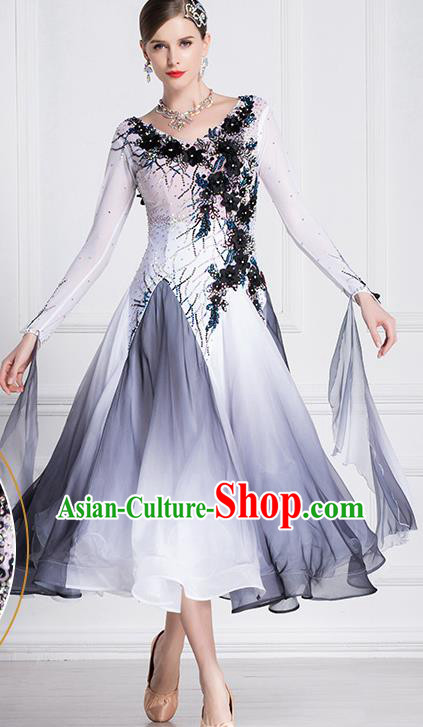 Professional International Waltz Dance Grey Dress Ballroom Dance Modern Dance Competition Costume for Women