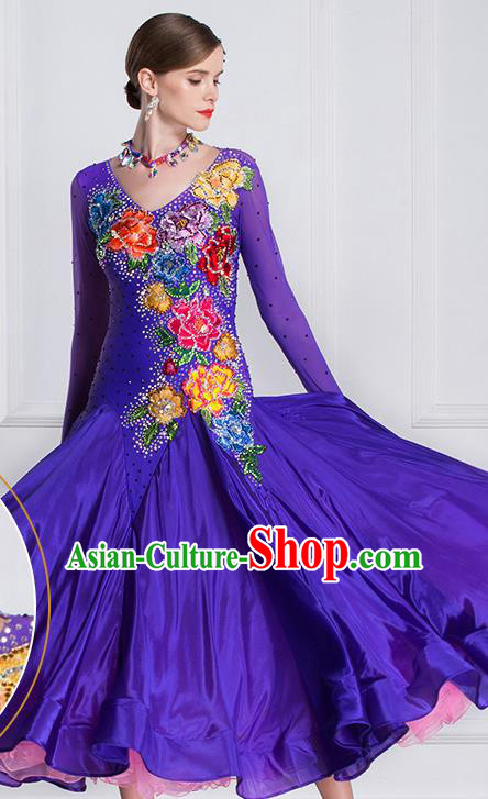 Professional Modern Dance Waltz Purple Dress International Ballroom Dance Competition Costume for Women