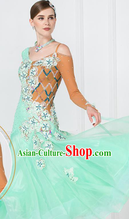 Professional Modern Dance Waltz Light Green Dress International Ballroom Dance Competition Costume for Women