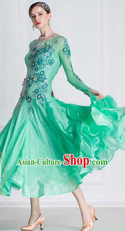 Professional International Waltz Dance Green Dress Ballroom Dance Modern Dance Competition Costume for Women