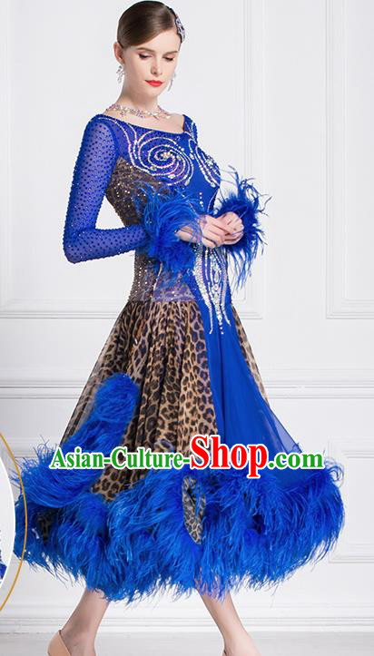 Professional International Waltz Dance Royalblue Feather Dress Ballroom Dance Modern Dance Competition Costume for Women