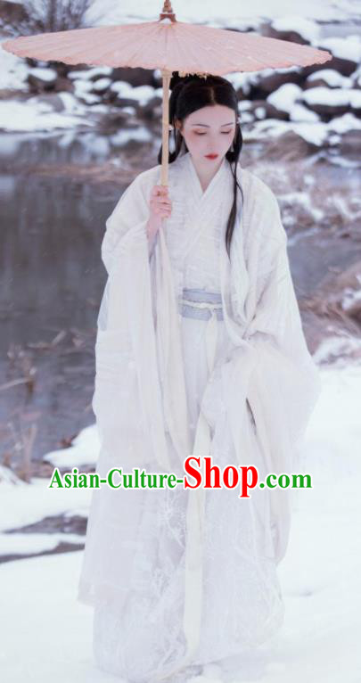 Traditional Chinese Jin Dynasty Nobility Lady White Dress Ancient Hanfu Royal Princess Replica Costumes for Women