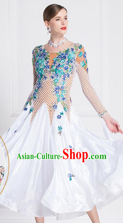 Professional Modern Dance Waltz White Dress International Ballroom Dance Competition Costume for Women