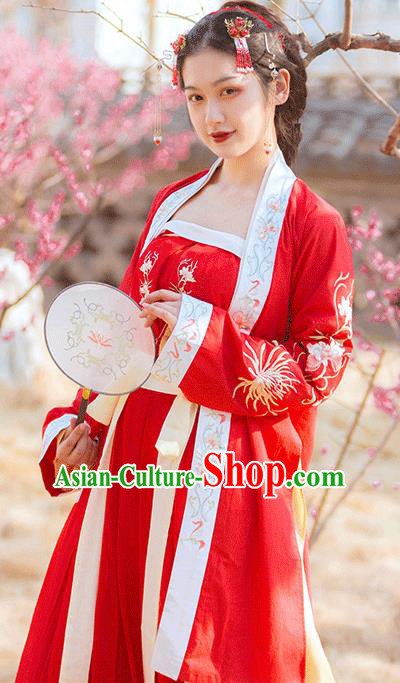 Traditional Chinese Song Dynasty Female Civilian Red Embroidered Dress Ancient Hanfu Replica Costumes for Women