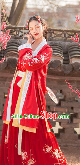 Traditional Chinese Song Dynasty Female Civilian Red Embroidered Dress Ancient Hanfu Replica Costumes for Women
