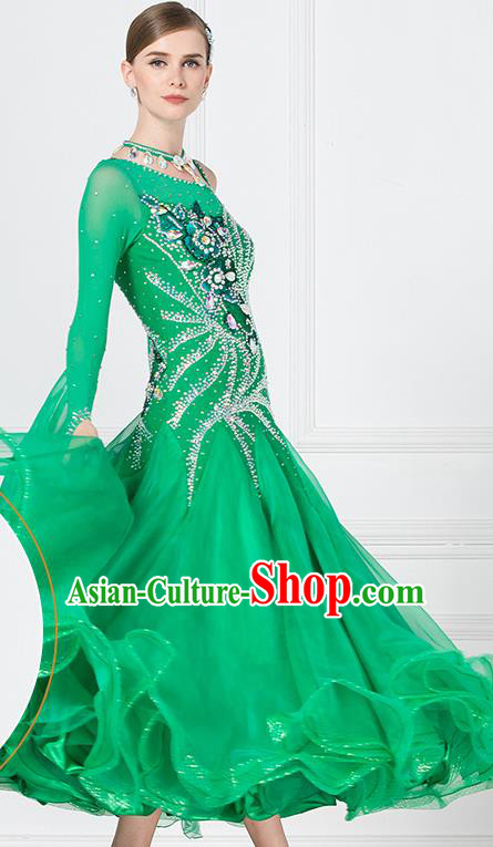 Professional Waltz Tango Competition Green Dress Modern Dance International Ballroom Dance Costume for Women