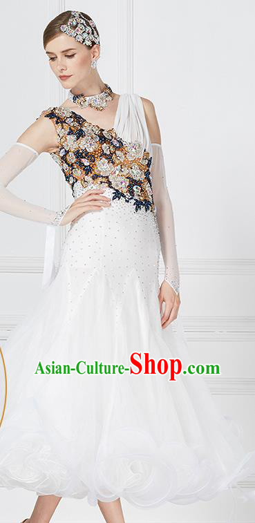 Professional Waltz Tango Competition White Dress Modern Dance International Ballroom Dance Costume for Women