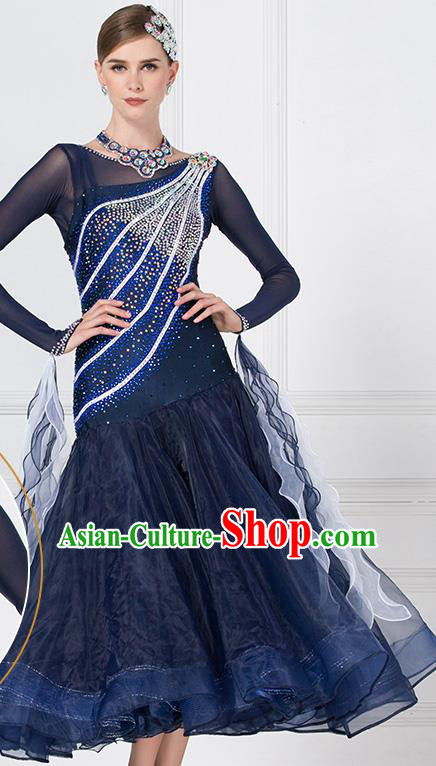 Professional Waltz Tango Competition Navy Dress Modern Dance International Ballroom Dance Costume for Women