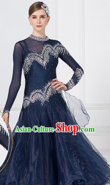 Professional Waltz Tango Competition Navy Blue Dress Modern Dance International Ballroom Dance Costume for Women