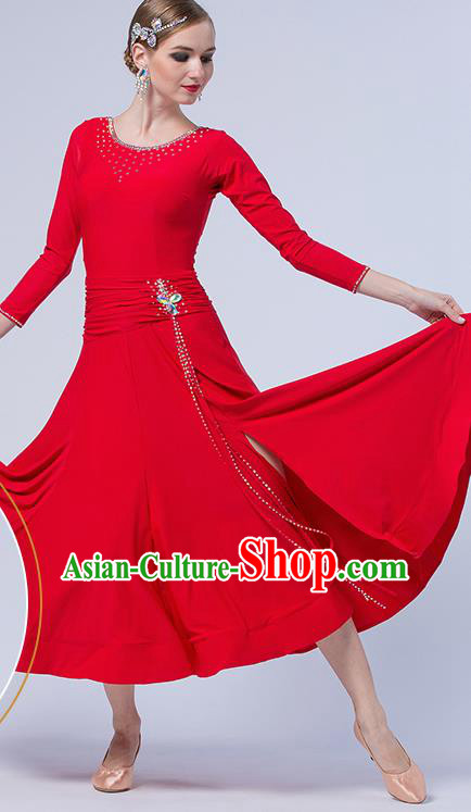 Professional Waltz Competition Red Dress Modern Dance International Ballroom Dance Costume for Women