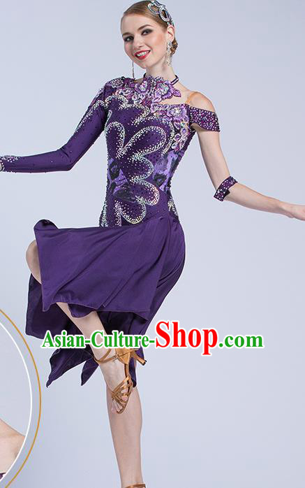 Top Latin Dance Competition Purple Dress Modern Dance International Rumba Dance Costume for Women