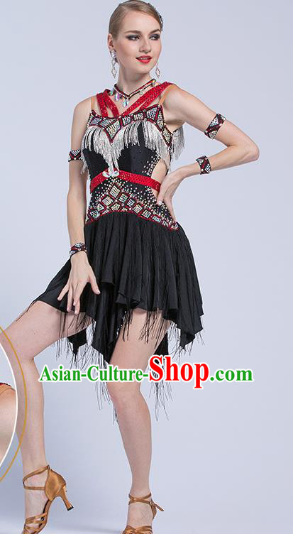 Top Latin Dance Competition Black Tassel Dress Modern Dance International Rumba Dance Costume for Women