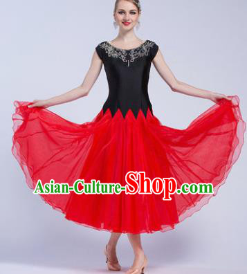 Professional Modern Dance Waltz Competition Red Veil Dress International Ballroom Dance Costume for Women