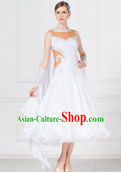 Professional Modern Dance Waltz White Dress International Ballroom Dance Competition Costume for Women