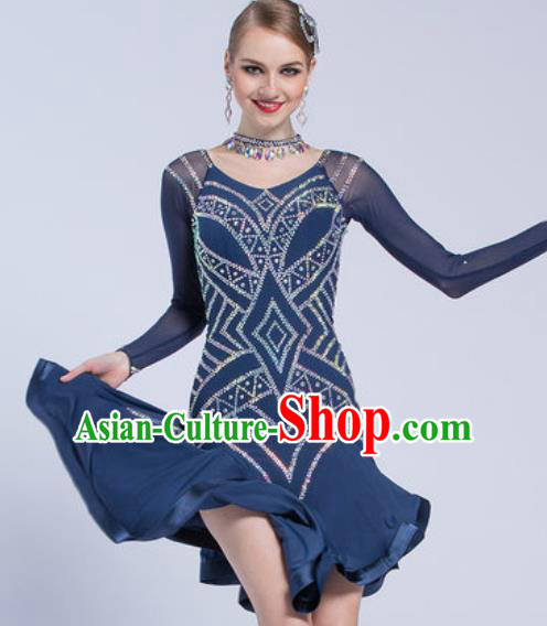 Top Latin Dance Competition Navy Dress Modern Dance International Rumba Dance Costume for Women