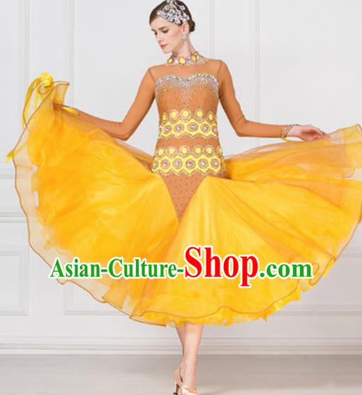 Professional Modern Dance Waltz Yellow Veil Dress International Ballroom Dance Competition Costume for Women