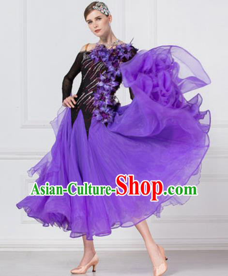 Professional Modern Dance Waltz Purple Veil Dress International Ballroom Dance Competition Costume for Women