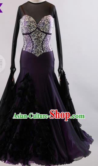 Professional Modern Dance Waltz Dark Purple Dress International Ballroom Dance Competition Costume for Women