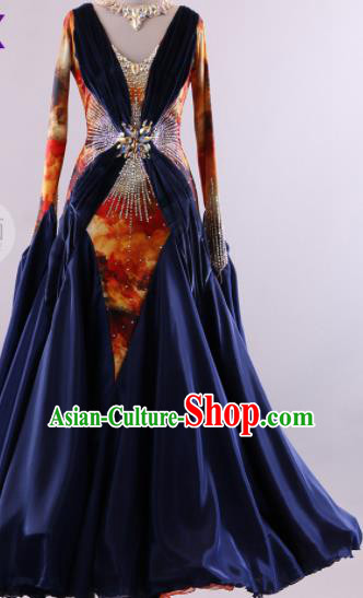 Professional Modern Dance Waltz Navy Dress International Ballroom Dance Competition Costume for Women