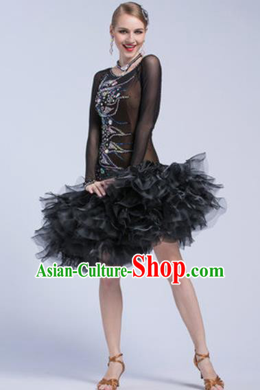 Top Latin Dance Competition Black Veil Short Dress Modern Dance International Rumba Dance Costume for Women