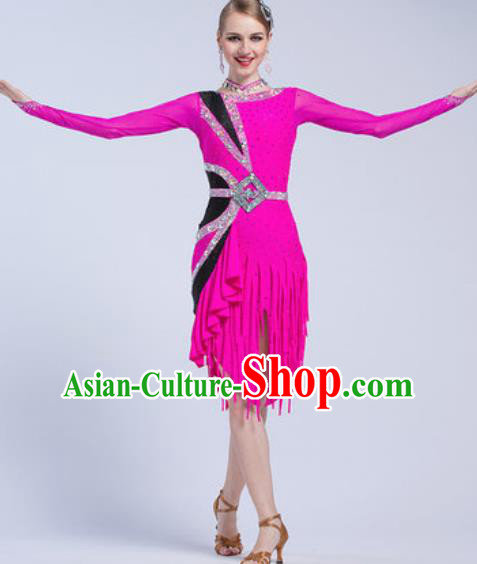 Top Latin Dance Competition Rosy Tassel Short Dress Modern Dance International Rumba Dance Costume for Women