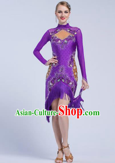 Top Latin Dance Competition Purple Tassel Short Dress Modern Dance International Rumba Dance Costume for Women