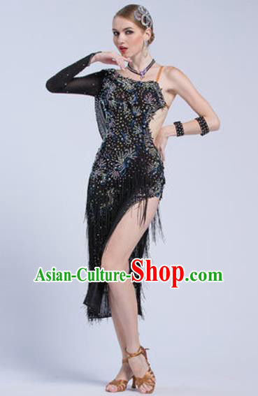 Top Latin Dance Competition Black Tassel Dress Modern Dance International Rumba Dance Costume for Women