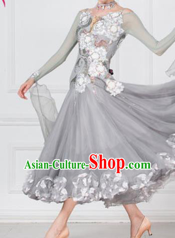 Professional Modern Dance Waltz Grey Dress International Ballroom Dance Competition Costume for Women