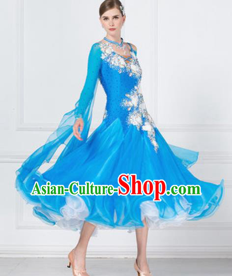 Professional Modern Dance Waltz Blue Dress International Ballroom Dance Competition Costume for Women