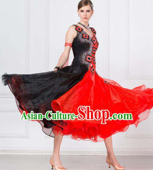 Professional Ballroom Dance Waltz Red Paillette Dress International Modern Dance Competition Costume for Women