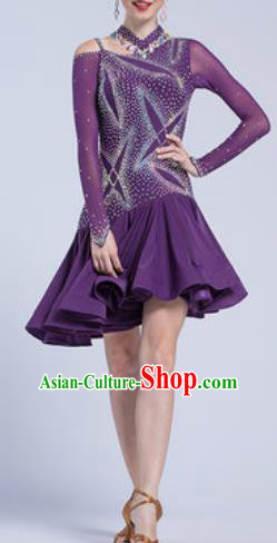 Top Latin Dance Competition Deep Purple Dress Modern Dance International Rumba Dance Costume for Women