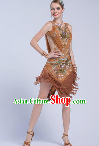 Top Latin Dance Competition Brown Tassel Dress Modern Dance International Rumba Dance Costume for Women