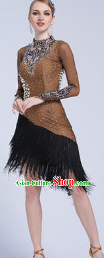 Top Latin Dance Competition Brown Tassel Dress Modern Dance International Rumba Dance Costume for Women