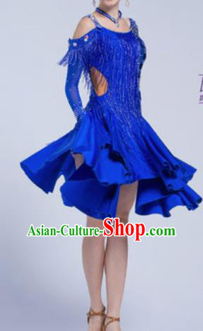 Top Latin Dance Competition Royalblue Tassel Dress Modern Dance International Rumba Dance Costume for Women