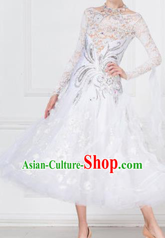 Professional Modern Dance Waltz White Lace Dress International Ballroom Dance Competition Costume for Women