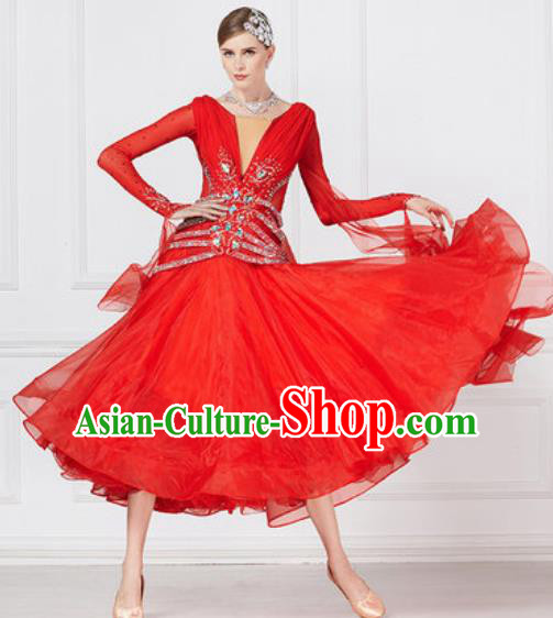 Professional Modern Dance Waltz Red Dress International Ballroom Dance Competition Costume for Women