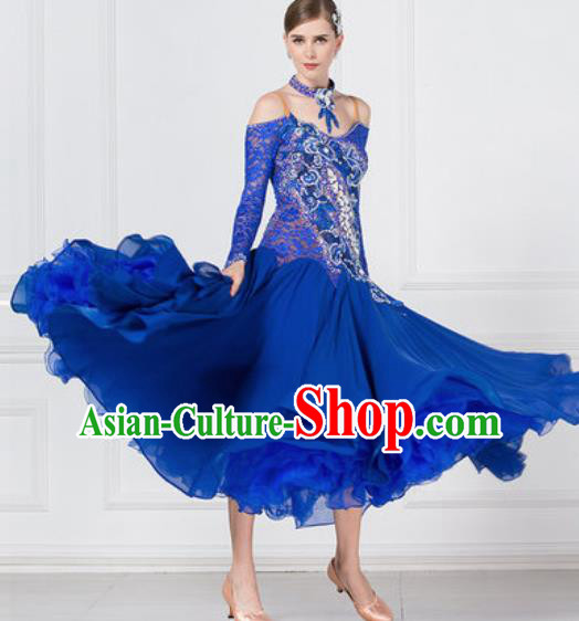 Professional Ballroom Dance Waltz Royalblue Lace Dress International Modern Dance Competition Costume for Women