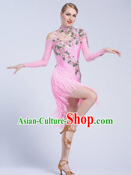 Top Latin Dance Competition Pink Tassel Dress Modern Dance International Rumba Dance Costume for Women