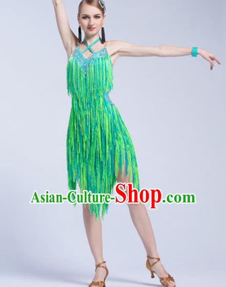 Top Latin Dance Competition Tassel Green Dress Modern Dance International Rumba Dance Costume for Women