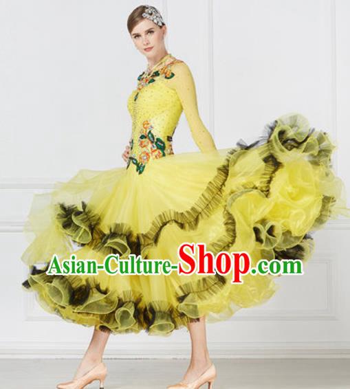 Top Grade Modern Dance Yellow Dress Ballroom Dance International Waltz Competition Costume for Women