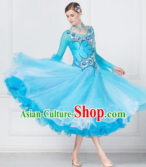 Top Grade Modern Dance Light Blue Dress Ballroom Dance International Waltz Competition Costume for Women