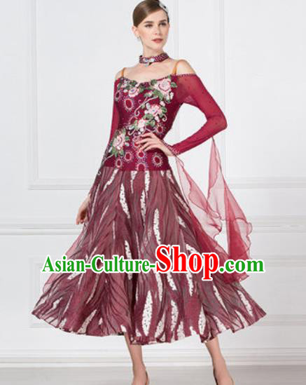 Top Grade Modern Dance Wine Red Dress Ballroom Dance International Waltz Competition Costume for Women