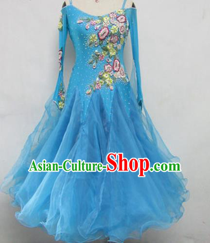 Top Waltz Competition Modern Dance Light Blue Dress Ballroom Dance International Dance Costume for Women