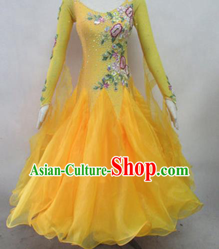 Top Waltz Competition Modern Dance Yellow Dress Ballroom Dance International Dance Costume for Women