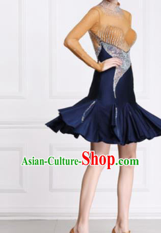 Professional Latin Dance Cha Cha Diamante Navy Dress Modern Dance International Samba Dance Competition Costume for Women