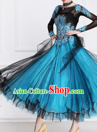 Top Waltz Competition Modern Dance Blue Dress Ballroom Dance International Dance Costume for Women