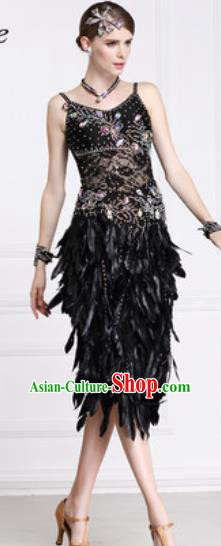 Professional Latin Dance Cha Cha Black Feather Lace Dress Modern Dance International Samba Dance Competition Costume for Women