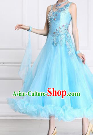 Professional Waltz Competition Modern Dance Blue Bubble Dress Ballroom Dance International Dance Costume for Women