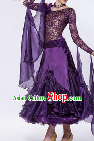 Professional Waltz Competition Modern Dance Purple Lace Bubble Dress Ballroom Dance International Dance Costume for Women