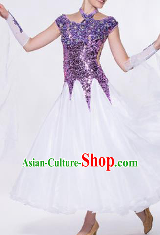 Professional Waltz Competition Modern Dance Purple Sequins Bubble Dress Ballroom Dance International Dance Costume for Women